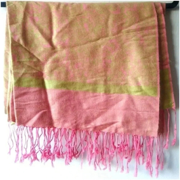 LARGE TASSEL SCARF - PINK/GOLD/GREEN - Picture 1 of 3